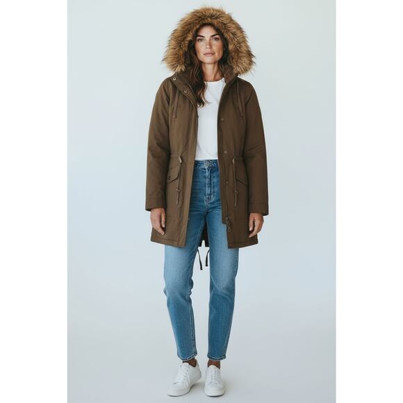 Old Navy Parka L Brown Coat Fur Trim Hood Warm Lined Winter Jacket Gorp Preppy - Picture 1 of 16